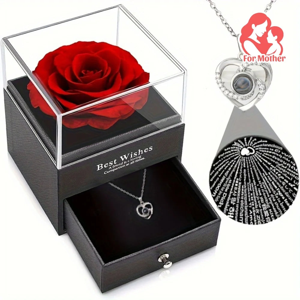 Eternal Rose Gift Box with Necklace - Romantic Preserved Flower Jewelry Gift for Mom, Girlfriend, Wife | Luxury Gift for Birthday, Anniversary, Mother's Day