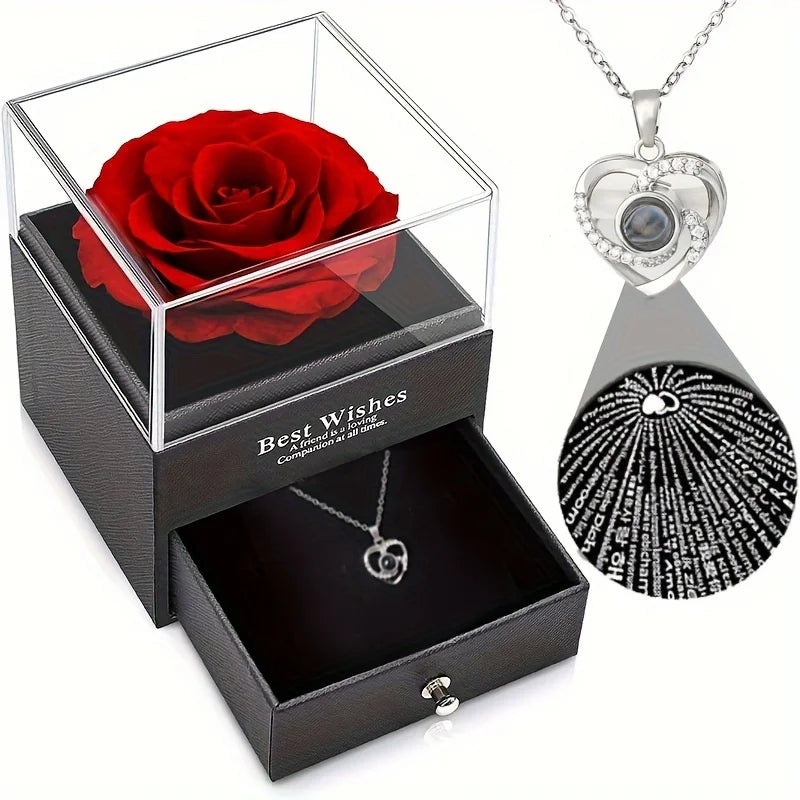 Eternal Rose Gift Box with Necklace - Romantic Preserved Flower Jewelry Gift for Mom, Girlfriend, Wife | Luxury Gift for Birthday, Anniversary, Mother's Day