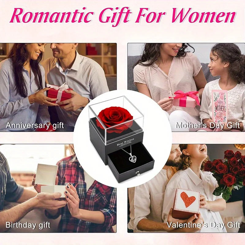 Eternal Rose Gift Box with Necklace - Romantic Preserved Flower Jewelry Gift for Mom, Girlfriend, Wife | Luxury Gift for Birthday, Anniversary, Mother's Day
