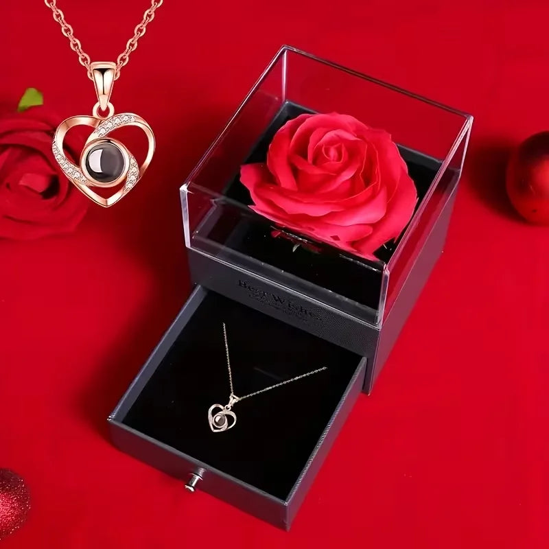 Eternal Rose Gift Box with Necklace - Romantic Preserved Flower Jewelry Gift for Mom, Girlfriend, Wife | Luxury Gift for Birthday, Anniversary, Mother's Day