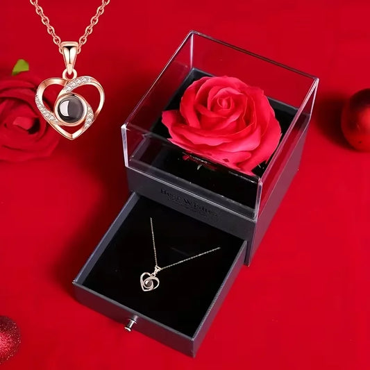 Eternal Rose Gift Box with Necklace - Romantic Preserved Flower Jewelry Gift for Mom, Girlfriend, Wife | Luxury Gift for Birthday, Anniversary, Mother's Day